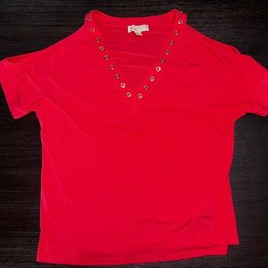 Michael Kors MK Red/Orange Cold Shoulder V Neck Blouse